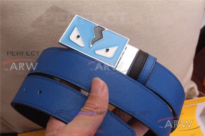 AAA Fake Fendi Monster Eye Buckle Belt - Black And Blue Leather